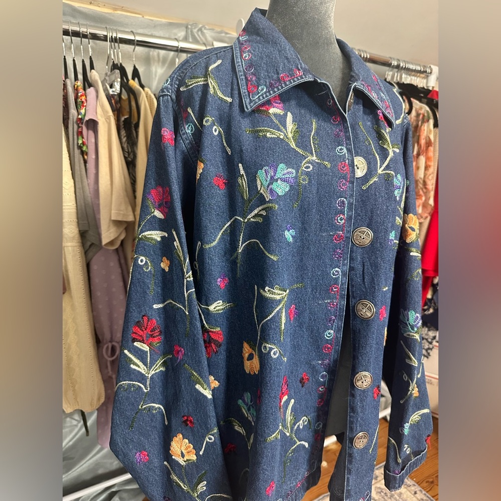 New Directions Blue Jean Jacket with Floral Embroidery - Picture 2 of 5